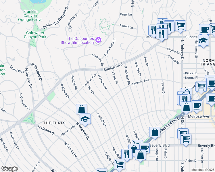 map of restaurants, bars, coffee shops, grocery stores, and more near 712 North Maple Drive in Beverly Hills