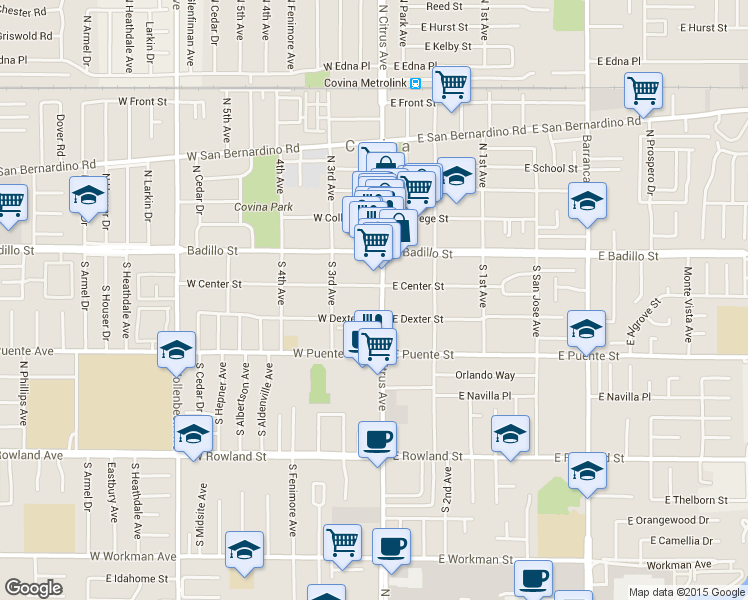 map of restaurants, bars, coffee shops, grocery stores, and more near 215 South Citrus Avenue in Covina
