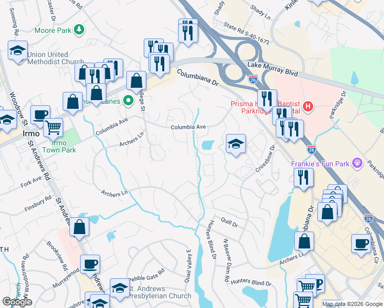 map of restaurants, bars, coffee shops, grocery stores, and more near 15 Yearling Court in Irmo