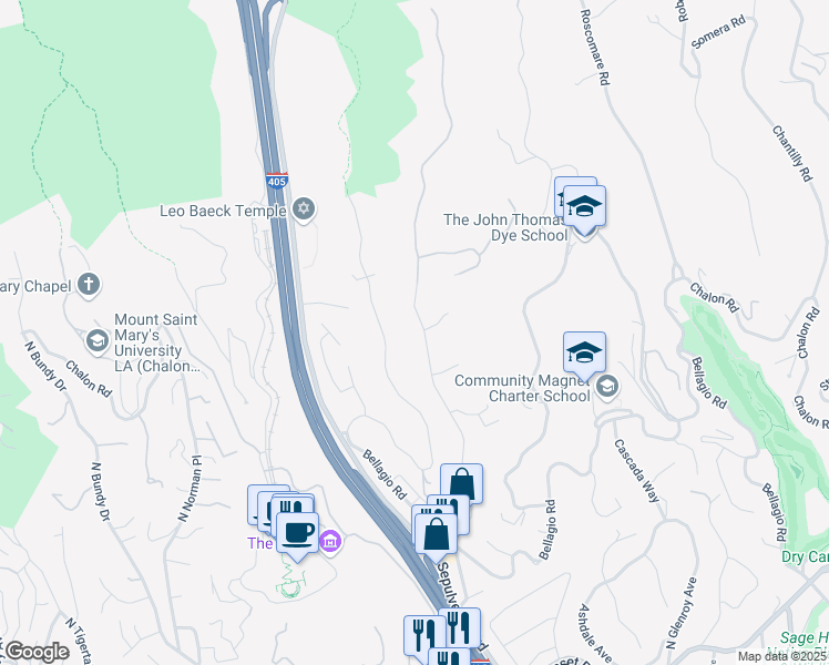 map of restaurants, bars, coffee shops, grocery stores, and more near 1075 Moraga Drive in Los Angeles