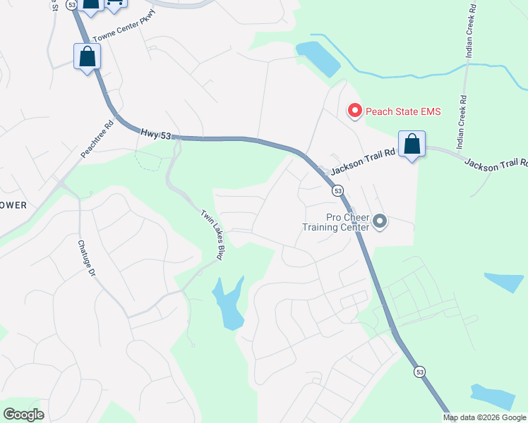 map of restaurants, bars, coffee shops, grocery stores, and more near Twin Lakes Boulevard in Hoschton