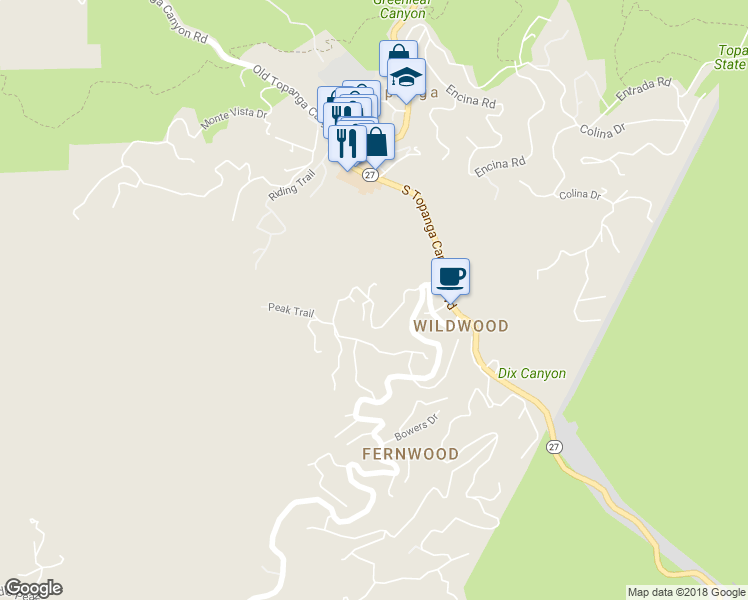 map of restaurants, bars, coffee shops, grocery stores, and more near 19763 Valley View Drive in Topanga