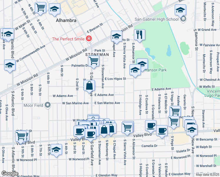 map of restaurants, bars, coffee shops, grocery stores, and more near 116 East Linda Vista Avenue in Alhambra