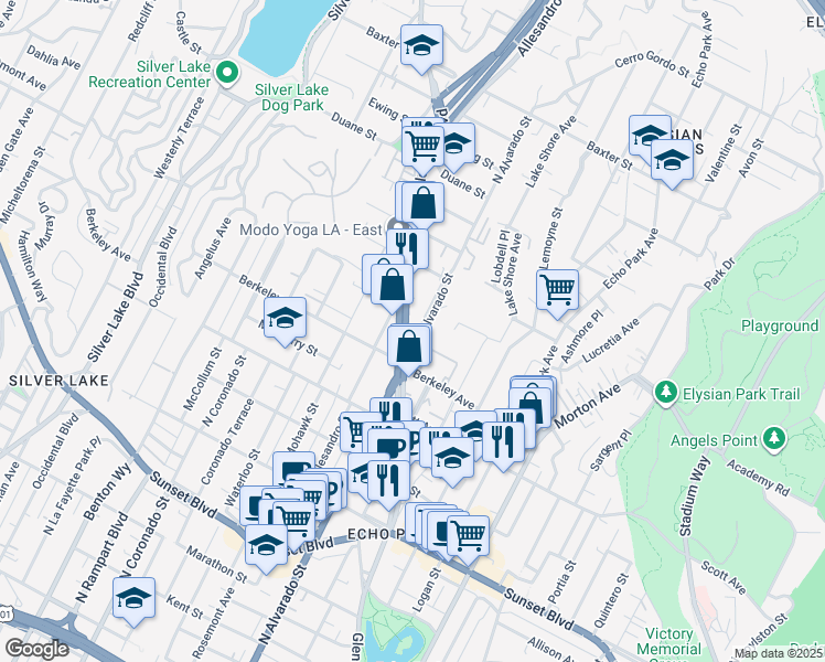 map of restaurants, bars, coffee shops, grocery stores, and more near 1637 North Alvarado Street in Los Angeles