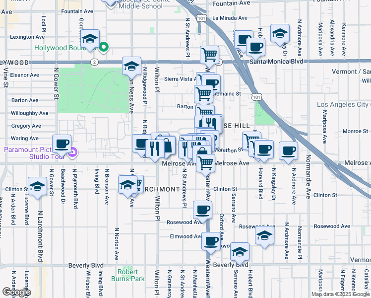 map of restaurants, bars, coffee shops, grocery stores, and more near 740 Saint Andrews Place in Los Angeles