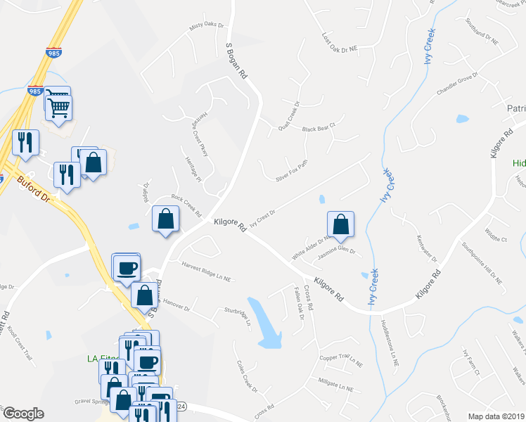 map of restaurants, bars, coffee shops, grocery stores, and more near 2182 Ivy Crest Drive in Buford