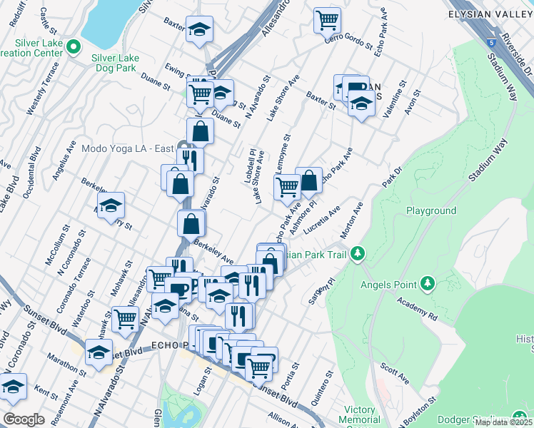 map of restaurants, bars, coffee shops, grocery stores, and more near 1802 Effie Street in Los Angeles