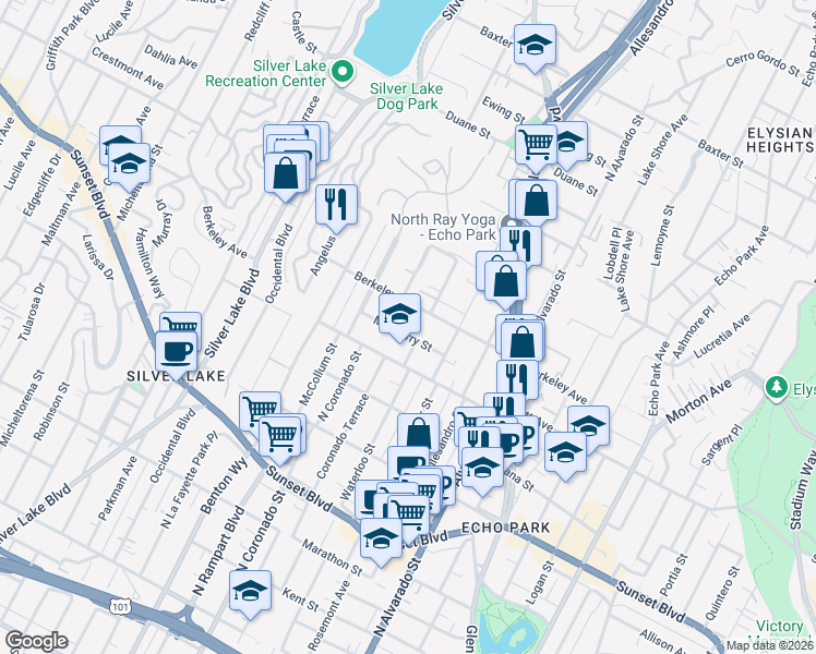 map of restaurants, bars, coffee shops, grocery stores, and more near 2421 Mayberry Street in Los Angeles