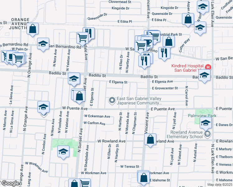 map of restaurants, bars, coffee shops, grocery stores, and more near 754 North Ellen Drive in West Covina