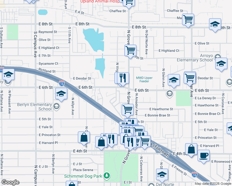 map of restaurants, bars, coffee shops, grocery stores, and more near East La Deney Court in Ontario