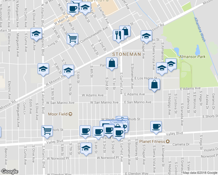 map of restaurants, bars, coffee shops, grocery stores, and more near 1000 South 2nd Street in Alhambra