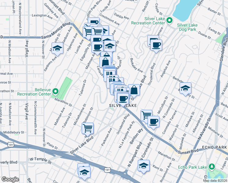 map of restaurants, bars, coffee shops, grocery stores, and more near West Sunset Boulevard in Los Angeles