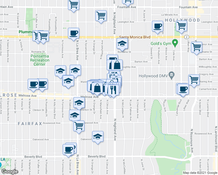 map of restaurants, bars, coffee shops, grocery stores, and more near 736 North Citrus Avenue in Los Angeles
