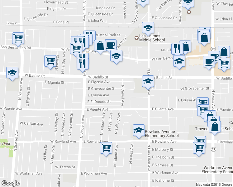 map of restaurants, bars, coffee shops, grocery stores, and more near 1223 East Louisa Avenue in West Covina