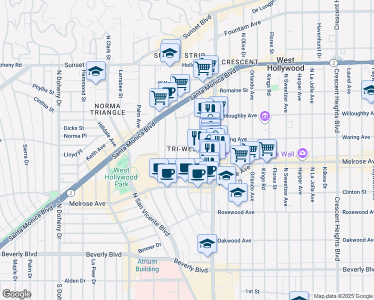 map of restaurants, bars, coffee shops, grocery stores, and more near 735 Westmount Drive in West Hollywood