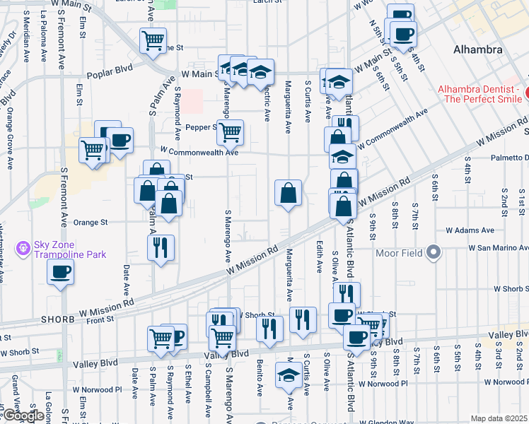 map of restaurants, bars, coffee shops, grocery stores, and more near 513 Electric Avenue in Alhambra