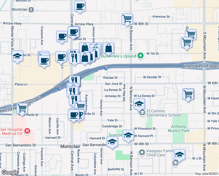 map of restaurants, bars, coffee shops, grocery stores, and more near 5554 La Deney Street in Montclair