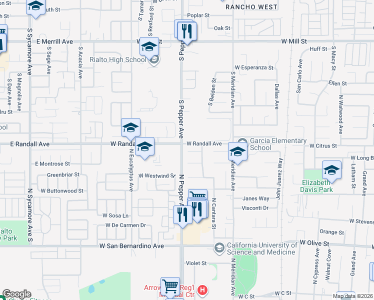 map of restaurants, bars, coffee shops, grocery stores, and more near 1595 Campana Court in Colton