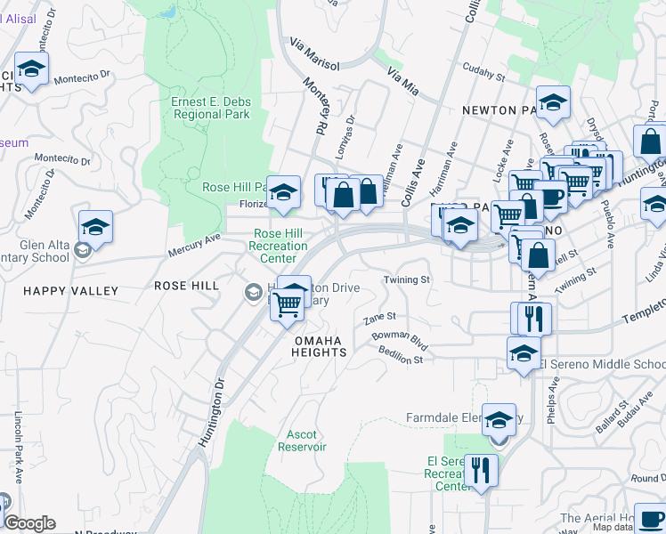 map of restaurants, bars, coffee shops, grocery stores, and more near 4544 Huntington Drive in Los Angeles