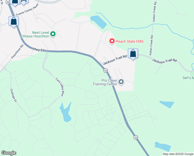 map of restaurants, bars, coffee shops, grocery stores, and more near 84 Rainy Court in Hoschton