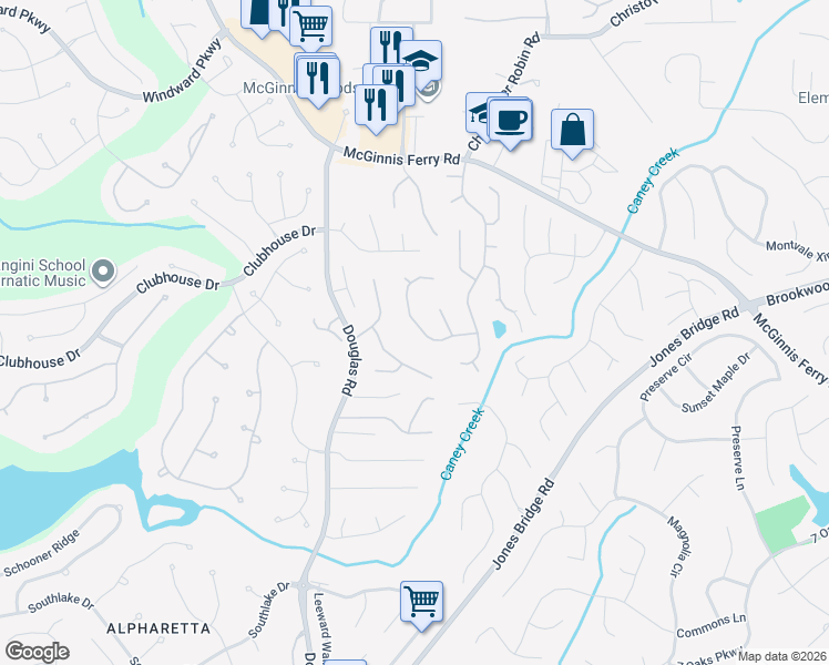 map of restaurants, bars, coffee shops, grocery stores, and more near 5405 Bentley Hall Drive in Alpharetta