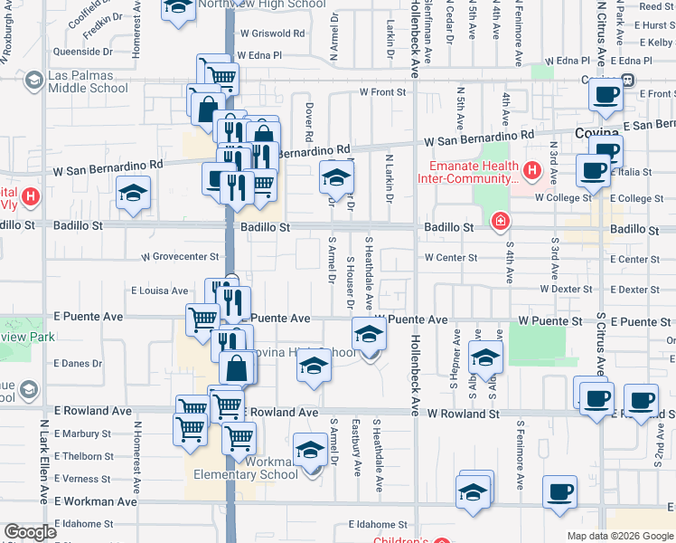 map of restaurants, bars, coffee shops, grocery stores, and more near 226 South Armel Drive in Covina