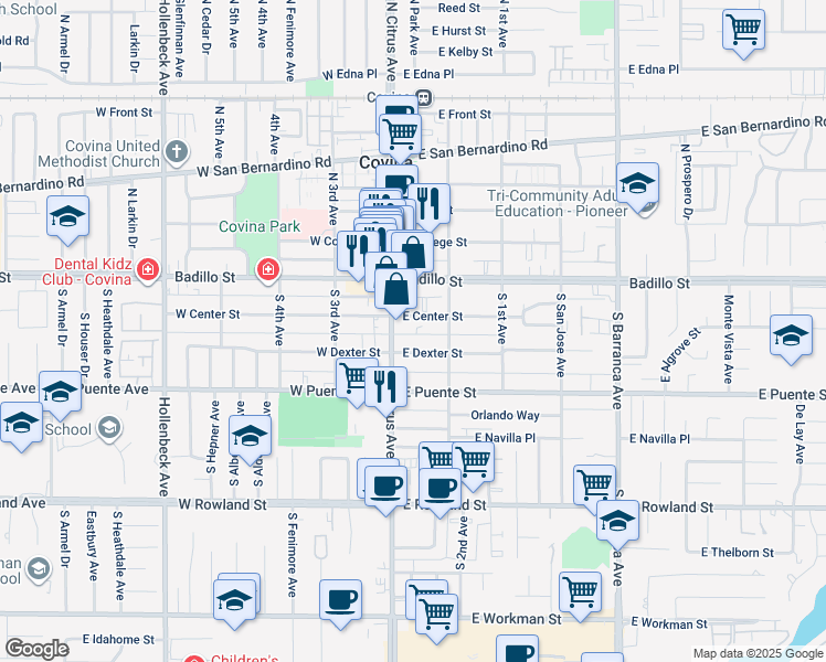 map of restaurants, bars, coffee shops, grocery stores, and more near 126 East Center Street in Covina