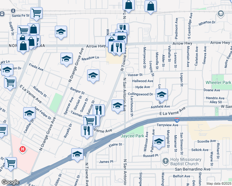 map of restaurants, bars, coffee shops, grocery stores, and more near 2288 North Towne Avenue in Pomona