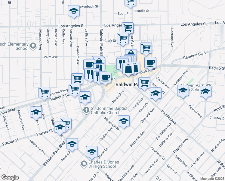 map of restaurants, bars, coffee shops, grocery stores, and more near 3921 Maine Avenue in Baldwin Park