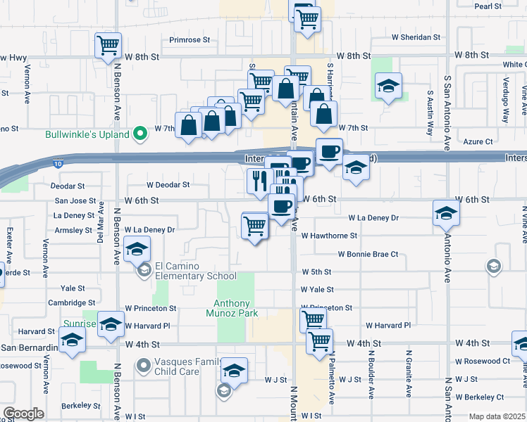 map of restaurants, bars, coffee shops, grocery stores, and more near 1131 West 6th Street in Ontario