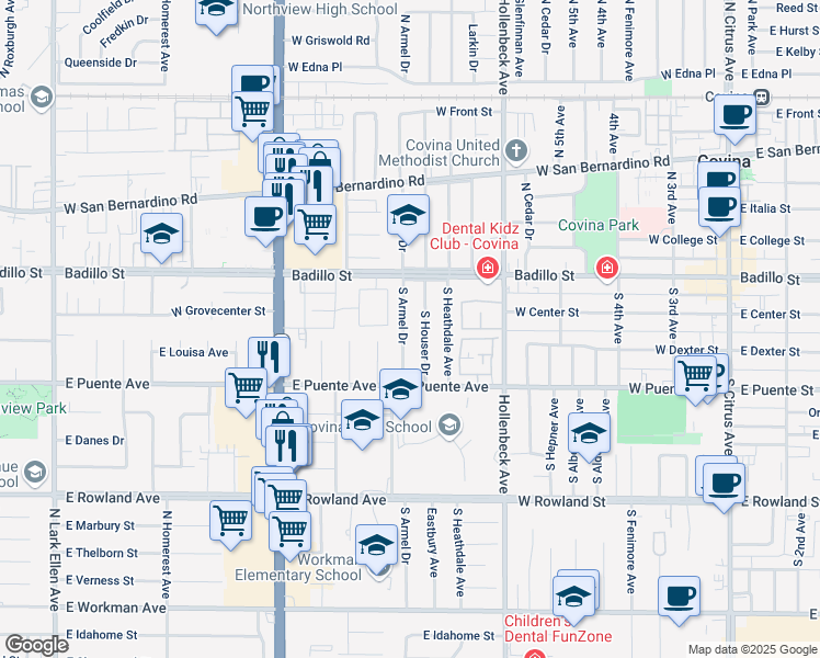map of restaurants, bars, coffee shops, grocery stores, and more near 226 South Armel Drive in Covina