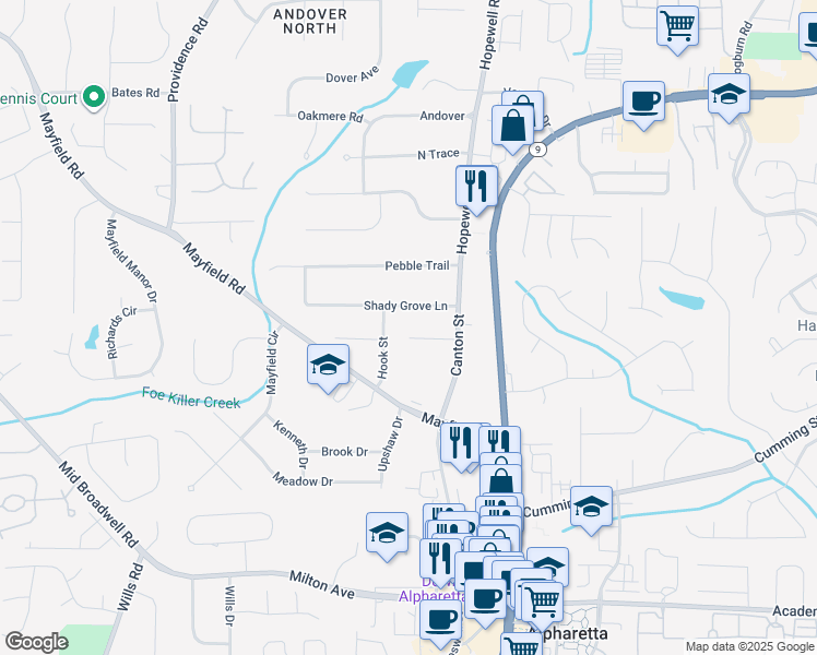 map of restaurants, bars, coffee shops, grocery stores, and more near 2165 Canton View in Alpharetta