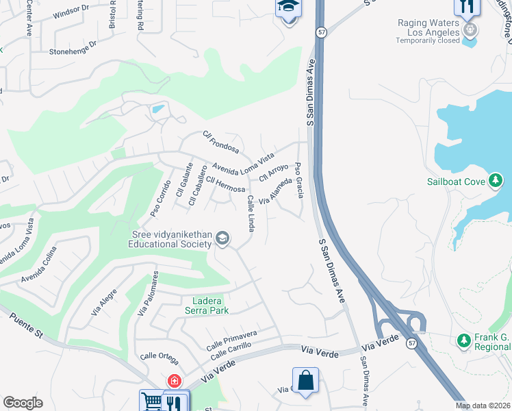 map of restaurants, bars, coffee shops, grocery stores, and more near 1404 Calle Linda in San Dimas