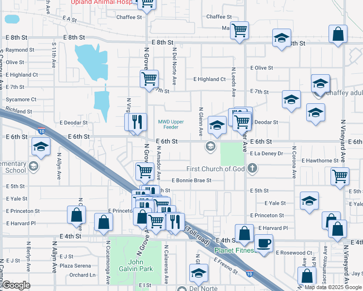 map of restaurants, bars, coffee shops, grocery stores, and more near 1404 East 6th Street in Ontario