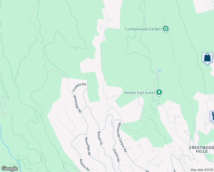 map of restaurants, bars, coffee shops, grocery stores, and more near 2600 Mandeville Canyon Road in Los Angeles