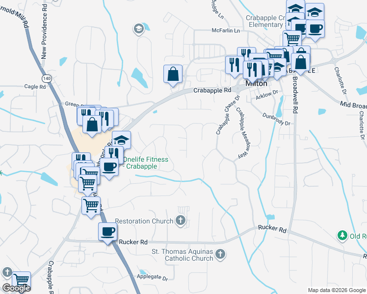 map of restaurants, bars, coffee shops, grocery stores, and more near 215 Kinderhill Court in Alpharetta