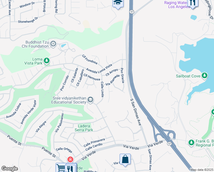 map of restaurants, bars, coffee shops, grocery stores, and more near 1405 Paseo Manzana in San Dimas