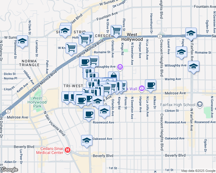 map of restaurants, bars, coffee shops, grocery stores, and more near 724 Croft Avenue in Los Angeles