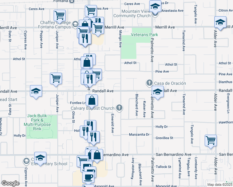 map of restaurants, bars, coffee shops, grocery stores, and more near 17075 Randall Avenue in Fontana