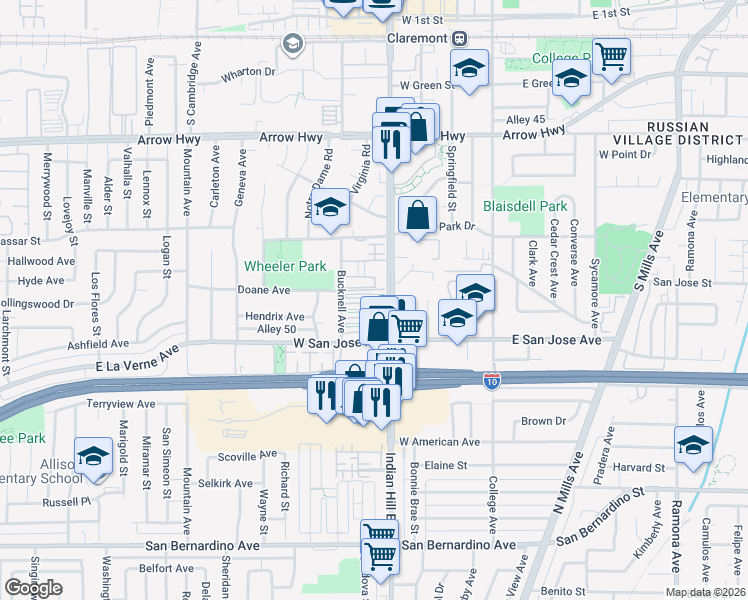 map of restaurants, bars, coffee shops, grocery stores, and more near 615 South Indian Hill Boulevard in Claremont