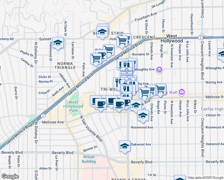 map of restaurants, bars, coffee shops, grocery stores, and more near 735 Westmount Drive in West Hollywood