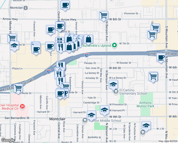 map of restaurants, bars, coffee shops, grocery stores, and more near 5554 La Deney Street in Montclair