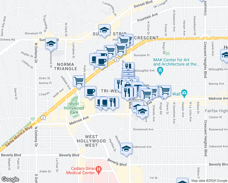 map of restaurants, bars, coffee shops, grocery stores, and more near 733 Westmount Drive in West Hollywood