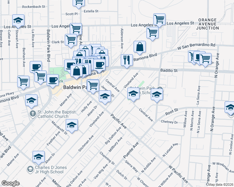 map of restaurants, bars, coffee shops, grocery stores, and more near 3879 Vineland Avenue in Baldwin Park