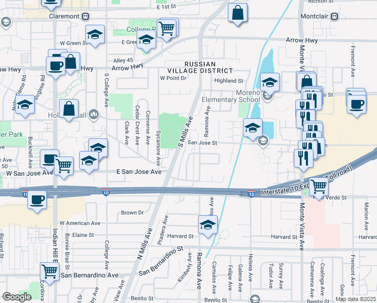 map of restaurants, bars, coffee shops, grocery stores, and more near 9344 Pradera Avenue in Montclair
