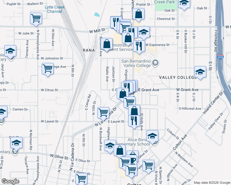 map of restaurants, bars, coffee shops, grocery stores, and more near 1455 Veterans Way in Colton