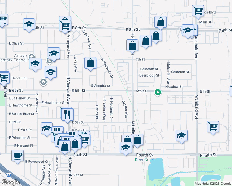map of restaurants, bars, coffee shops, grocery stores, and more near 2209 East La Deney Way in Ontario