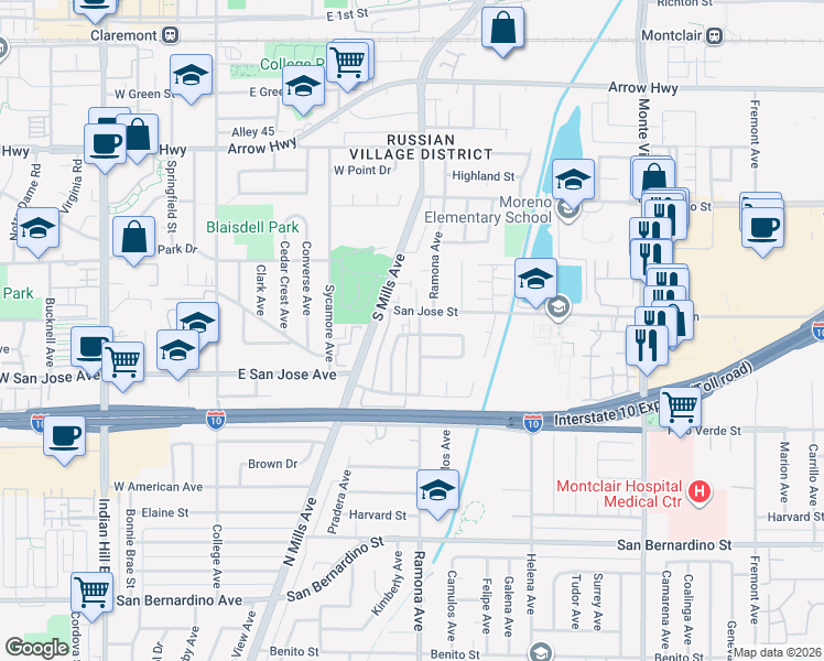 map of restaurants, bars, coffee shops, grocery stores, and more near 9344 Pradera Avenue in Montclair