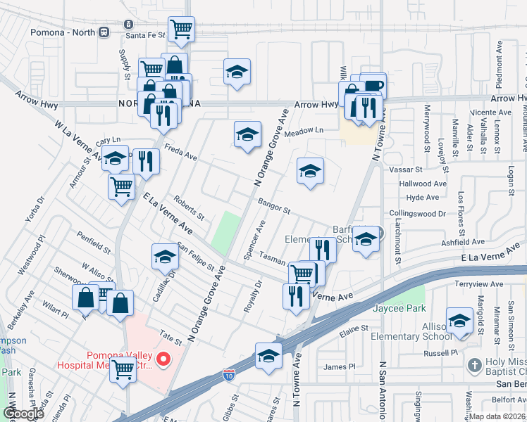 map of restaurants, bars, coffee shops, grocery stores, and more near 2195 Spencer Avenue in Pomona