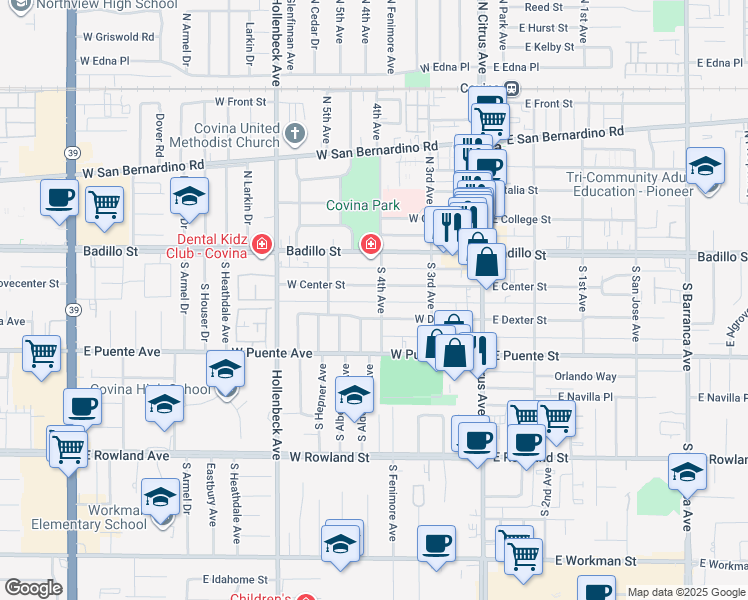 map of restaurants, bars, coffee shops, grocery stores, and more near 332 West Center Street in Covina